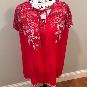 Johnny Was Vibrant Red Embroidered Blouse